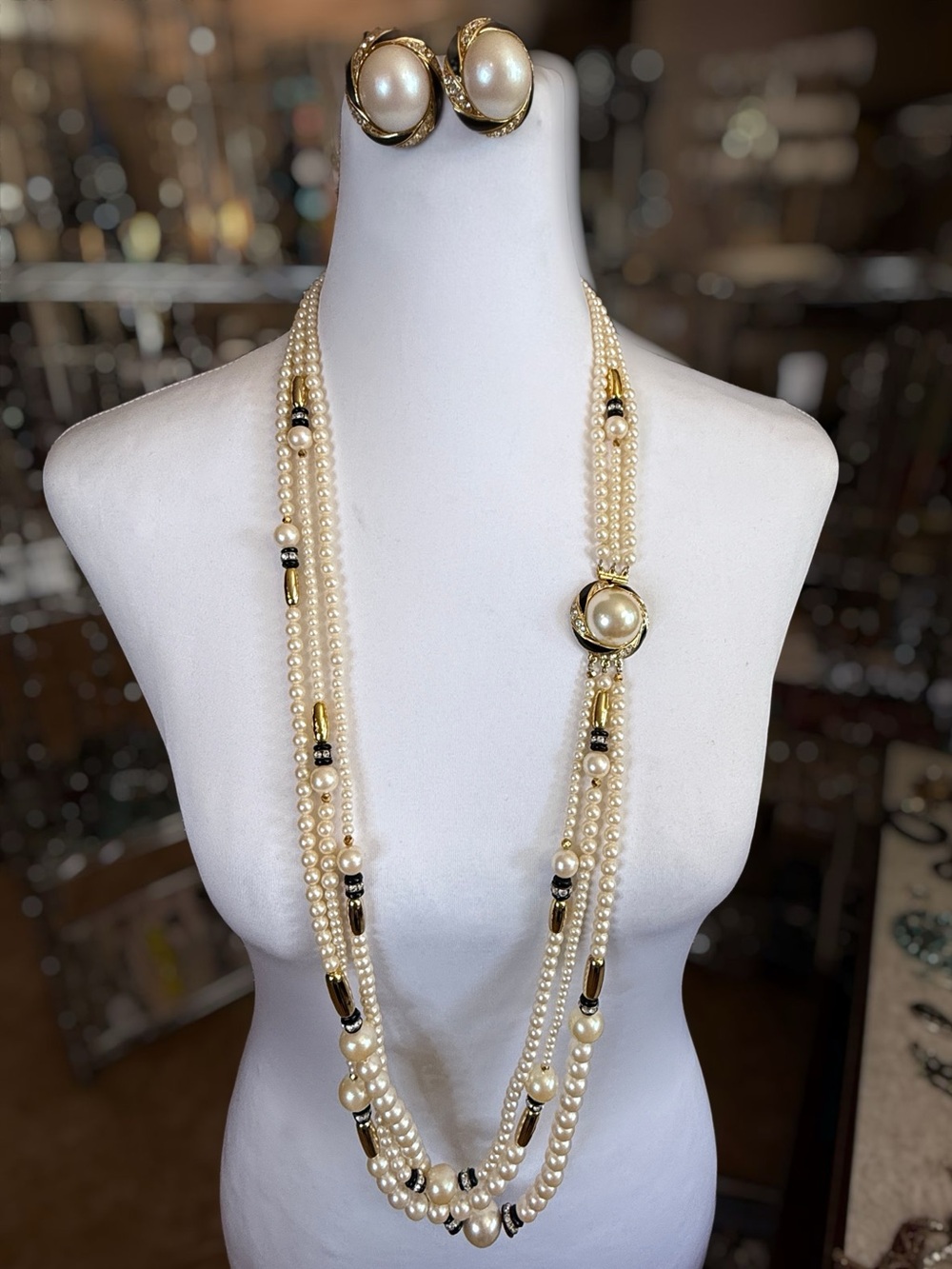 Vintage Adrienne Vittadini Multi-Strand Pearl & Gold Art Deco Inspired set.